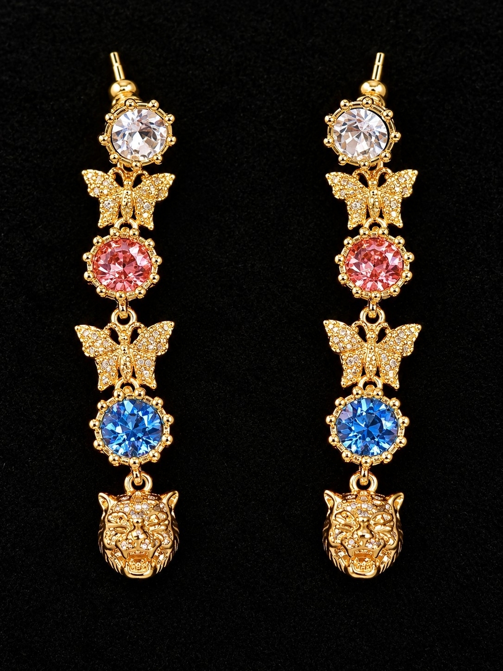 18kgp Gucci Gold Tone Butterfly & Crystal Drop Earrings - Blue, Pink, Clear